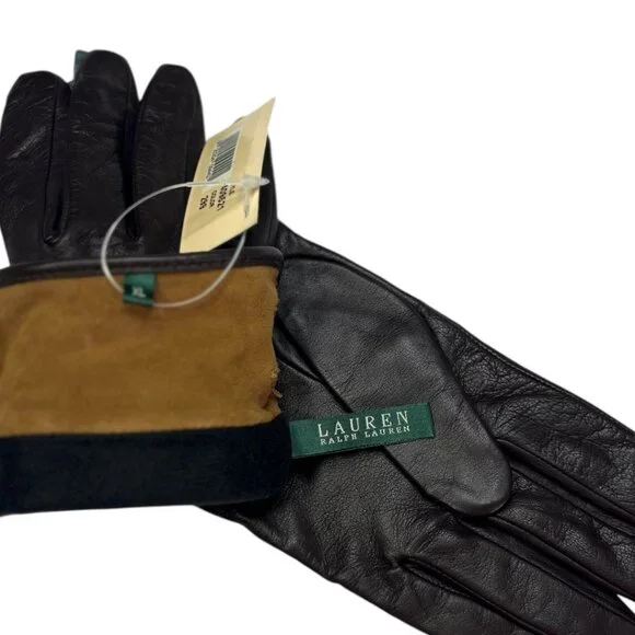 Lauren Ralph Lauren Leather Gloves Suede Cuff XL Brown Gold‎ Button NWT - Picture 5 of 6